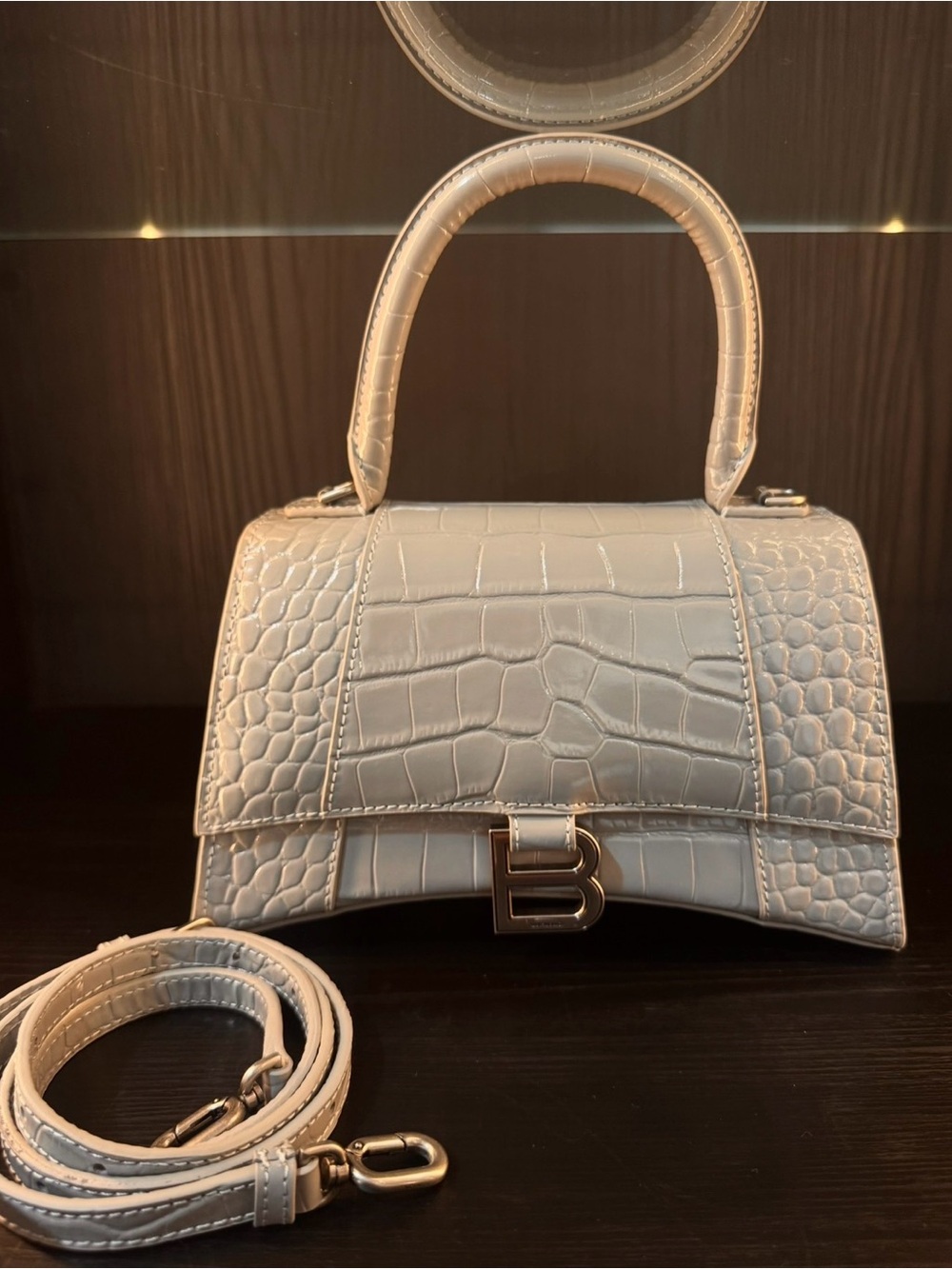 Balenciaga Mini Hourglass Top Handle Bag in Light Beige Croc-Embossed Leather